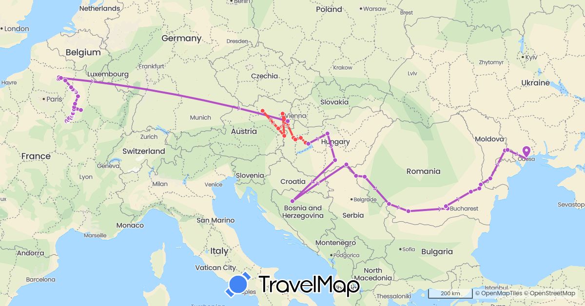TravelMap itinerary: driving, train, hiking in Austria, Bosnia and Herzegovina, France, Hungary, Moldova, Romania, Ukraine (Europe)